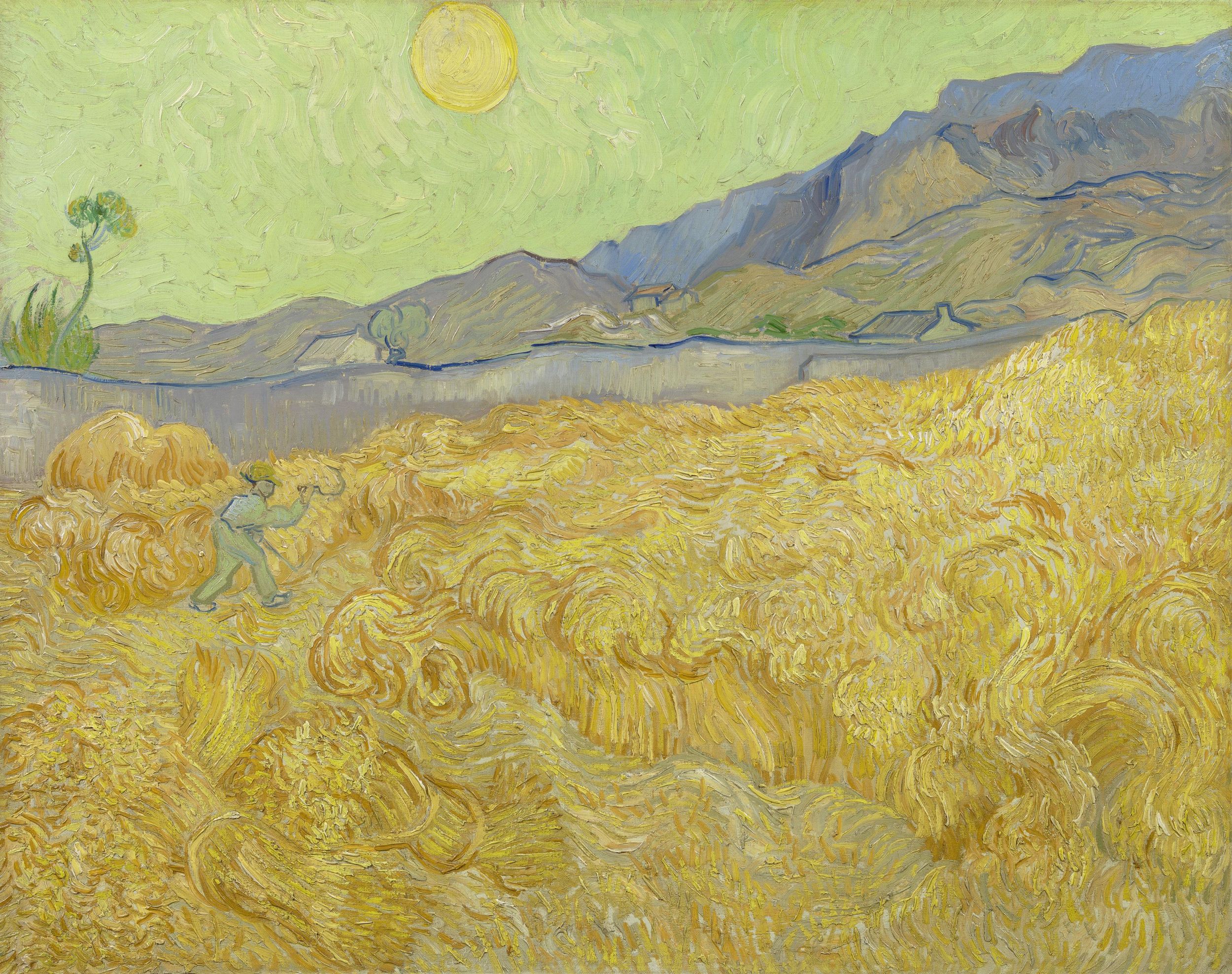 Картина Ван Гога Пшеничное поле с жнецом и солнцем 1889